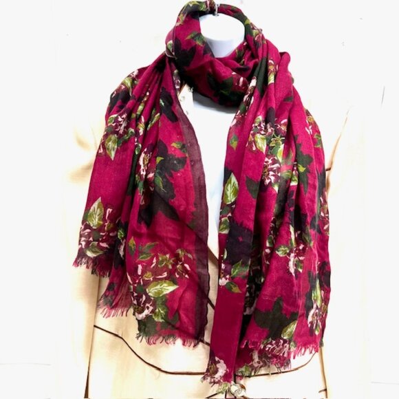 Daks Accessories - Vgt  DAKS LONDON Scarf Cotton Wool  64"x32" Burgendy Brown Floral Fring  ( 49)